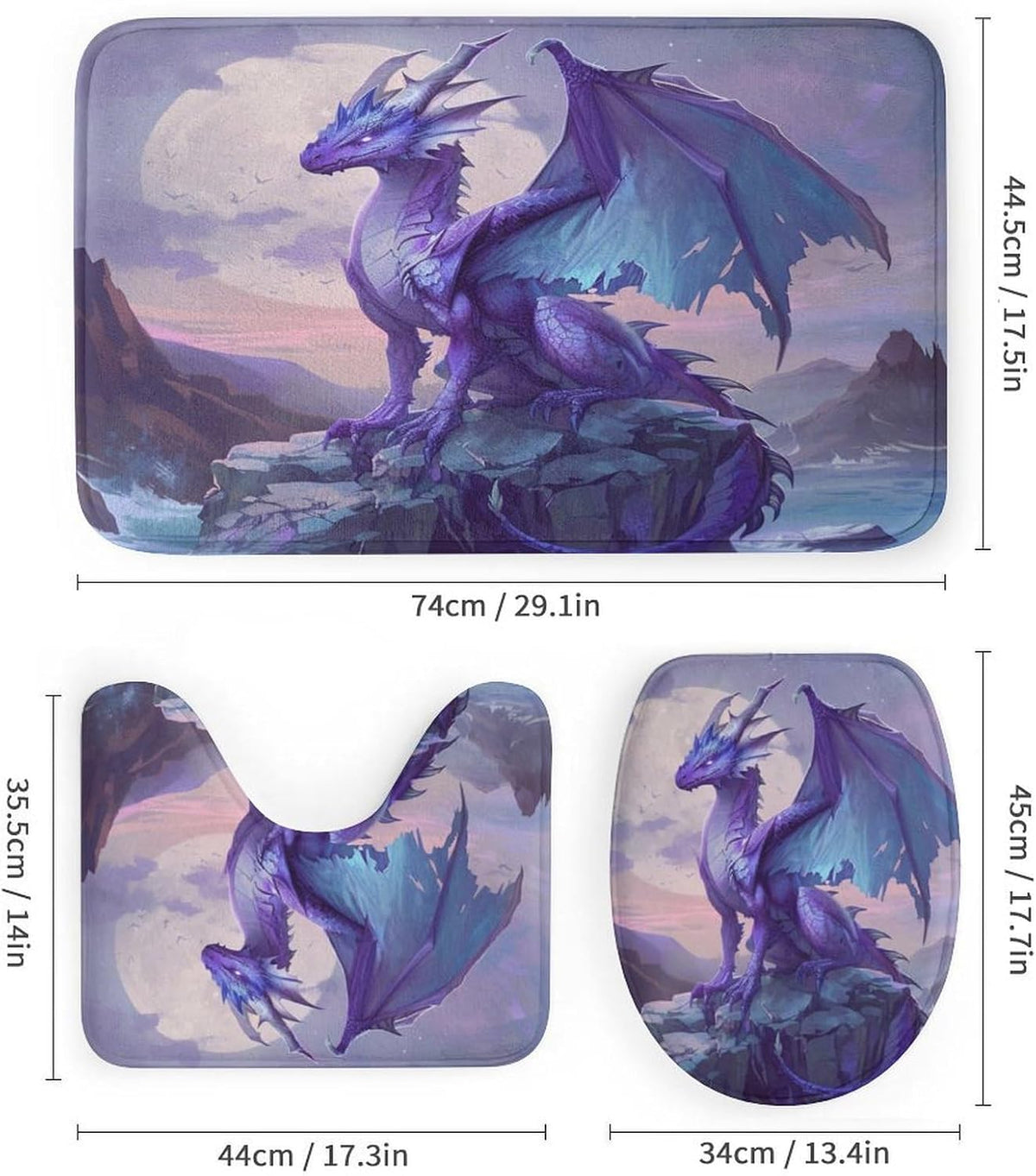 4 Piece Watercolor Dragon Shower Curtain Set with Rugs, Majestic Animal Mountain Moon Include Bathroom Non-Slip Floor Mat, U-Shaped Bath Rug and Toilet Cover Lid with 12 Hooks