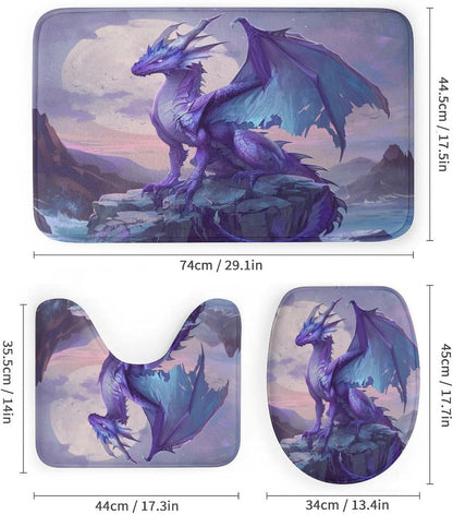 4 Piece Watercolor Dragon Shower Curtain Set with Rugs, Majestic Animal Mountain Moon Include Bathroom Non-Slip Floor Mat, U-Shaped Bath Rug and Toilet Cover Lid with 12 Hooks