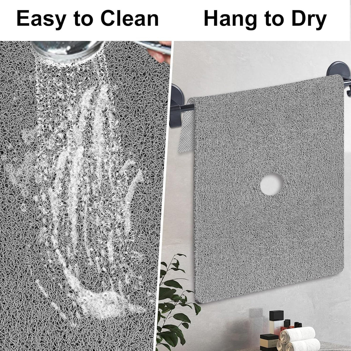 Shower Mat Non Slip, 47" X 32" Extra Large Soft Loofah Shower Mats for inside Shower with Center Drain Hole, anti Slip Shower Floor Mat for Elderly, Quick Drying, Grey