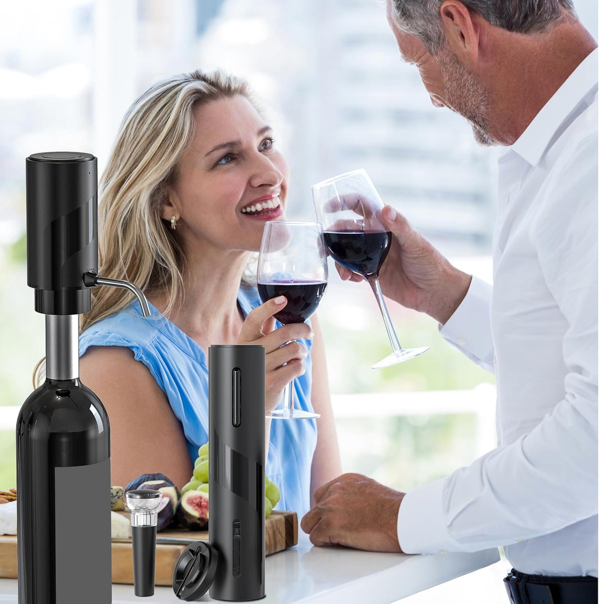 Electric Wine Set 4 | Automatic Wine Opener Dispenser Gift Set - Electric Corkscrew Opener & Auto Wine Dispenser | Ideal Housewarming Gifts and Presents for Fathers