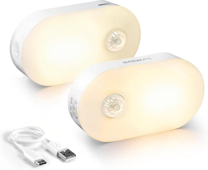Rechargeable Motion Sensor Night Light (2-Pack), Portable Mini Warm White LED Stick-On Closet Light, Adjustable Brightness for Bathroom, Bedroom, Kitchen, Cabinet, Stairs