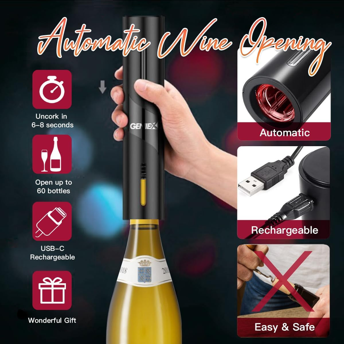 Electric Wine Set 4 | Automatic Wine Opener Dispenser Gift Set - Electric Corkscrew Opener & Auto Wine Dispenser | Ideal Housewarming Gifts and Presents for Fathers