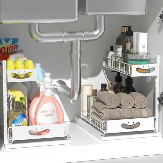 Under Sink Organizer with Pull-Out Drawers,Kitchen Sink Organizer,2 Tier Bathroom Organizers and Storage,Bathroom Accessories Set,White 2 Pack