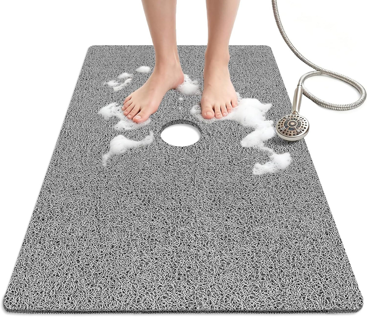 Shower Mat Non Slip, 47" X 32" Extra Large Soft Loofah Shower Mats for inside Shower with Center Drain Hole, anti Slip Shower Floor Mat for Elderly, Quick Drying, Grey