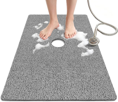 Shower Mat Non Slip, 47" X 32" Extra Large Soft Loofah Shower Mats for inside Shower with Center Drain Hole, anti Slip Shower Floor Mat for Elderly, Quick Drying, Grey