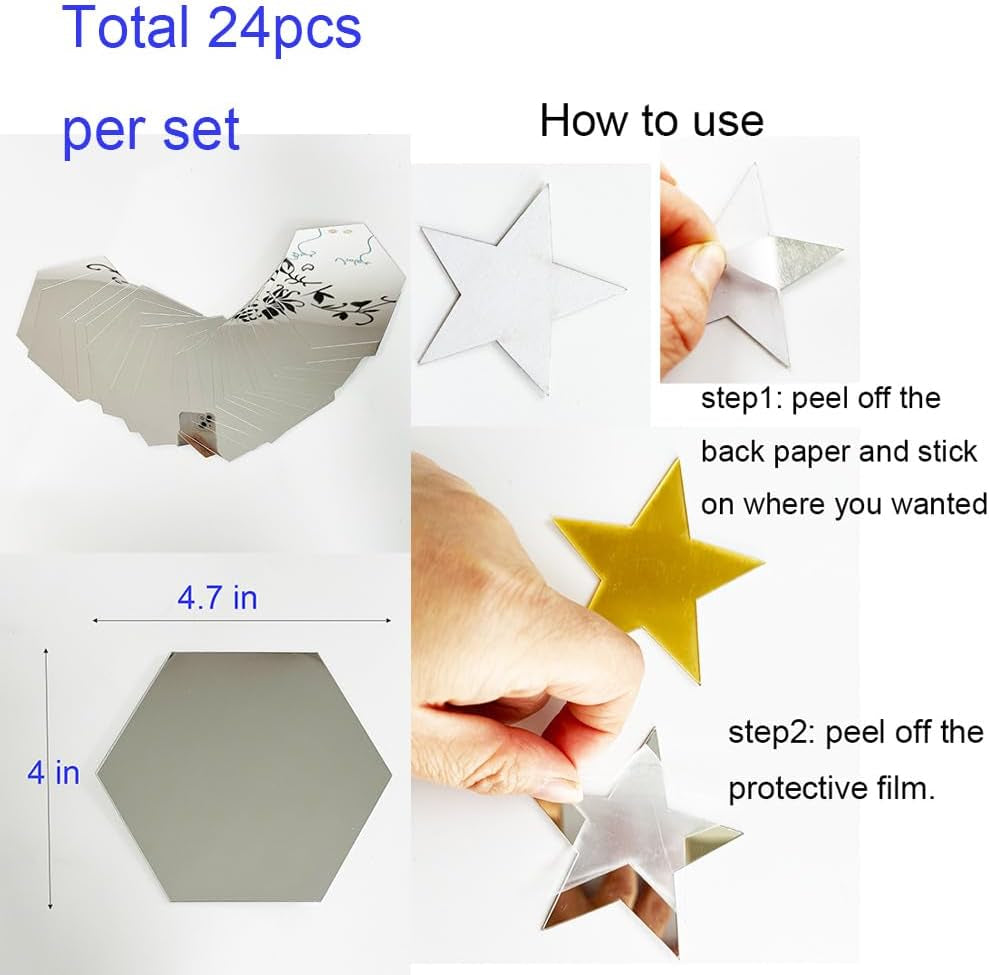 24Pcs Silver Hexagon Mirror Acrylic Wall Stickers with Adhesive Art Decal Satin Paper Baby Kids Bedroom Home DIY Decor Removable Stickers (Hexagon Silver)