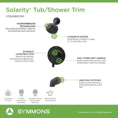 Solarity Hydromersion Single Handle Tub and Shower Faucet Trim Kit with Integral Diverter (Valve Not Included)