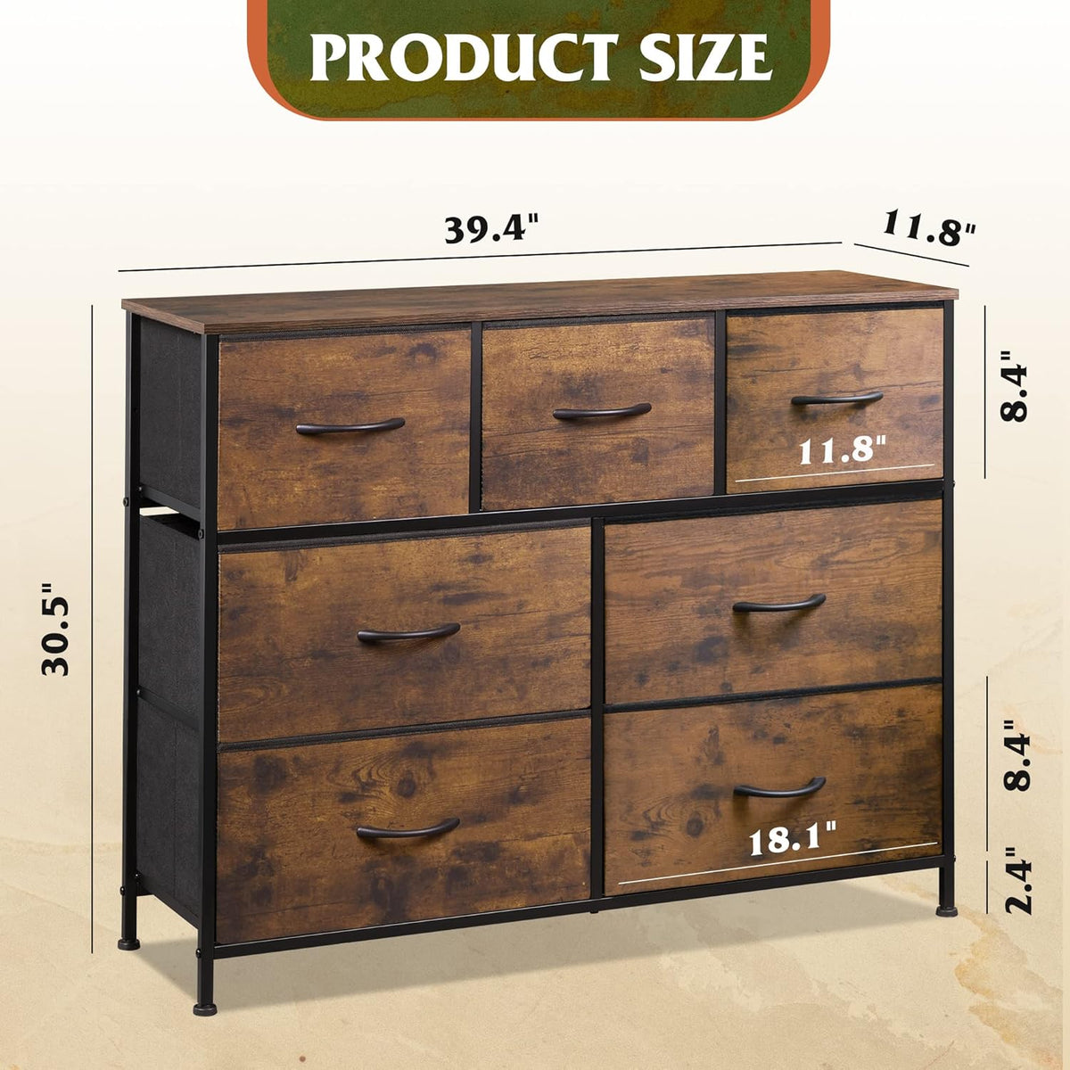 4 Drawer Dresser and 7 Drawer Dresser Set, Dresser for Bedroom, Closet, Hallway, Storage Dresser Organizer Unit, Dressers & Chests of Drawers with Fabric Bins, Rustic Brown Wood Grain Print