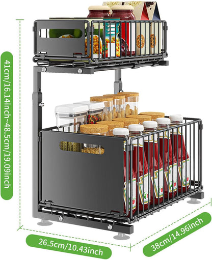 Pull Out Cabinet Organizer, 2 Tier under Sink Organizer, Slide Out Metal Kitchen Drawer Shelf, Storage Shelves for Home Laundry Room RV Pantry Spice Black