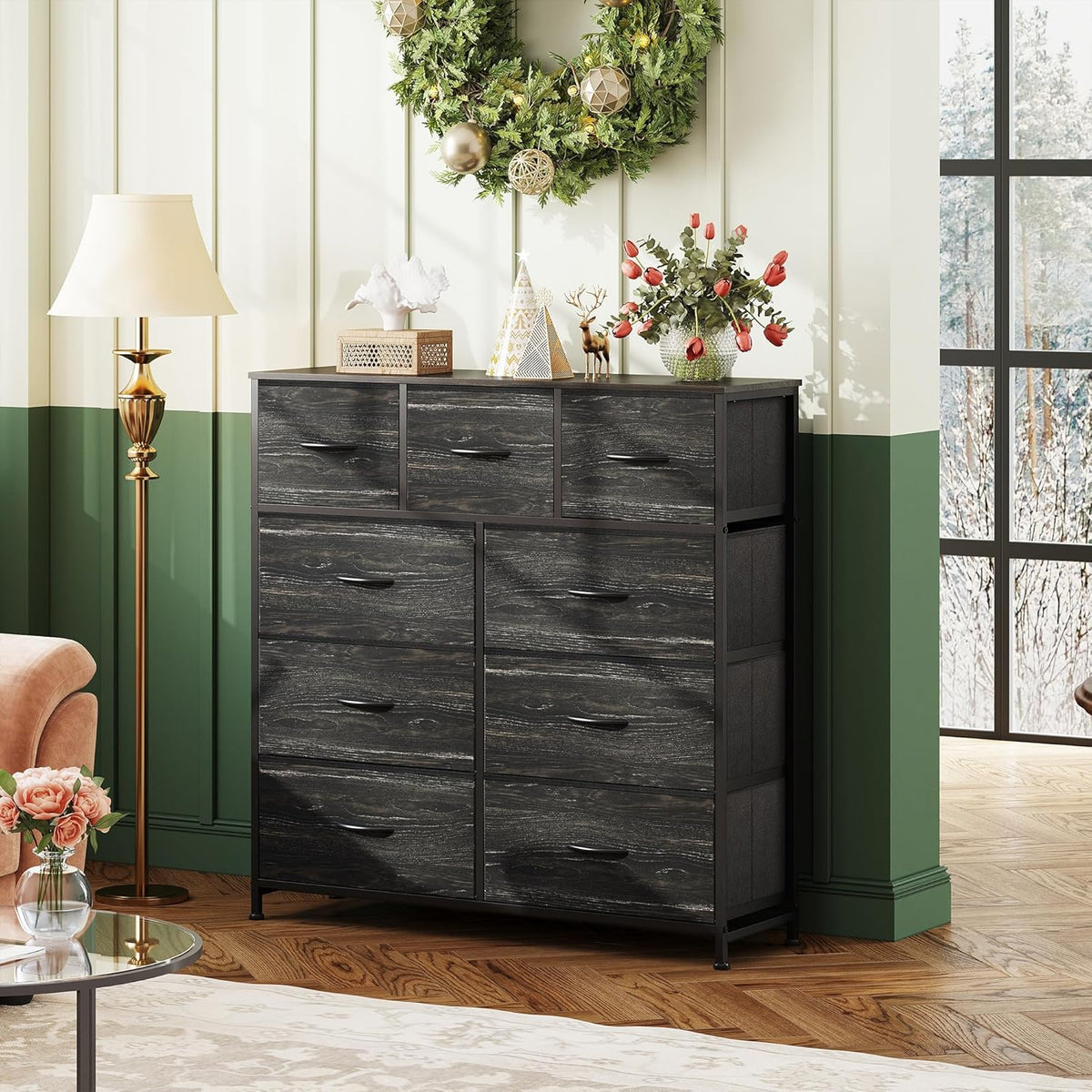 3 Drawer and 9 Drawer Dresser Set, Dresser for Bedroom, Closet, Hallway, Storage Organizer Unit, Dressers & Chests of Drawers with Fabric Bins, Charcoal Black Wood Grain Print