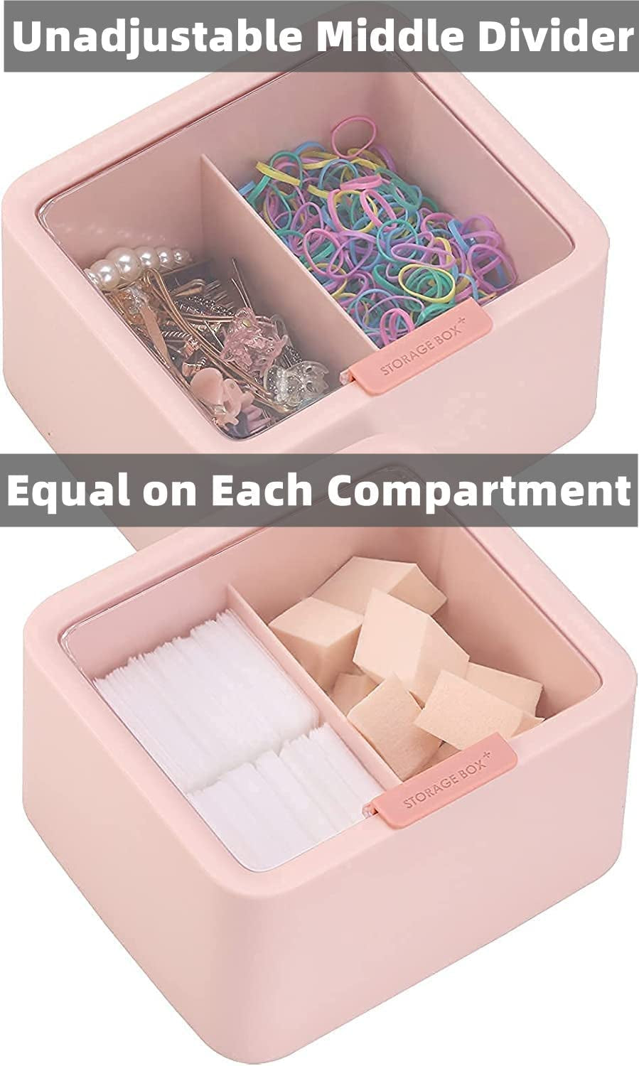 Storage Organizer - 2 Grids Separate  Canisters with Hinged Lids for Cotton Balls, Pads, and other items.