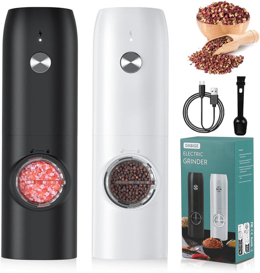 Electric Salt and Pepper Grinder Set (2 Pack), USB Rechargeable One Hand Operation, Adjustable Coarseness Mill Grinders Shakers LED Light, Automatic Pepper Grinder for Kitchen Gadgets Gifts