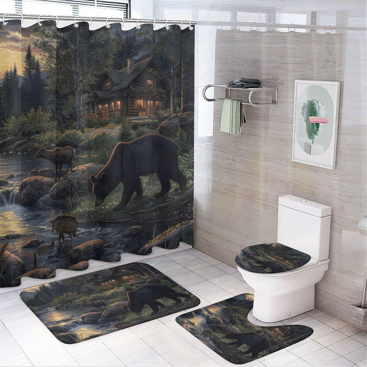 4 Piece Watercolor Dragon Shower Curtain Set with Rugs, Majestic Animal Mountain Moon Include Bathroom Non-Slip Floor Mat, U-Shaped Bath Rug and Toilet Cover Lid with 12 Hooks