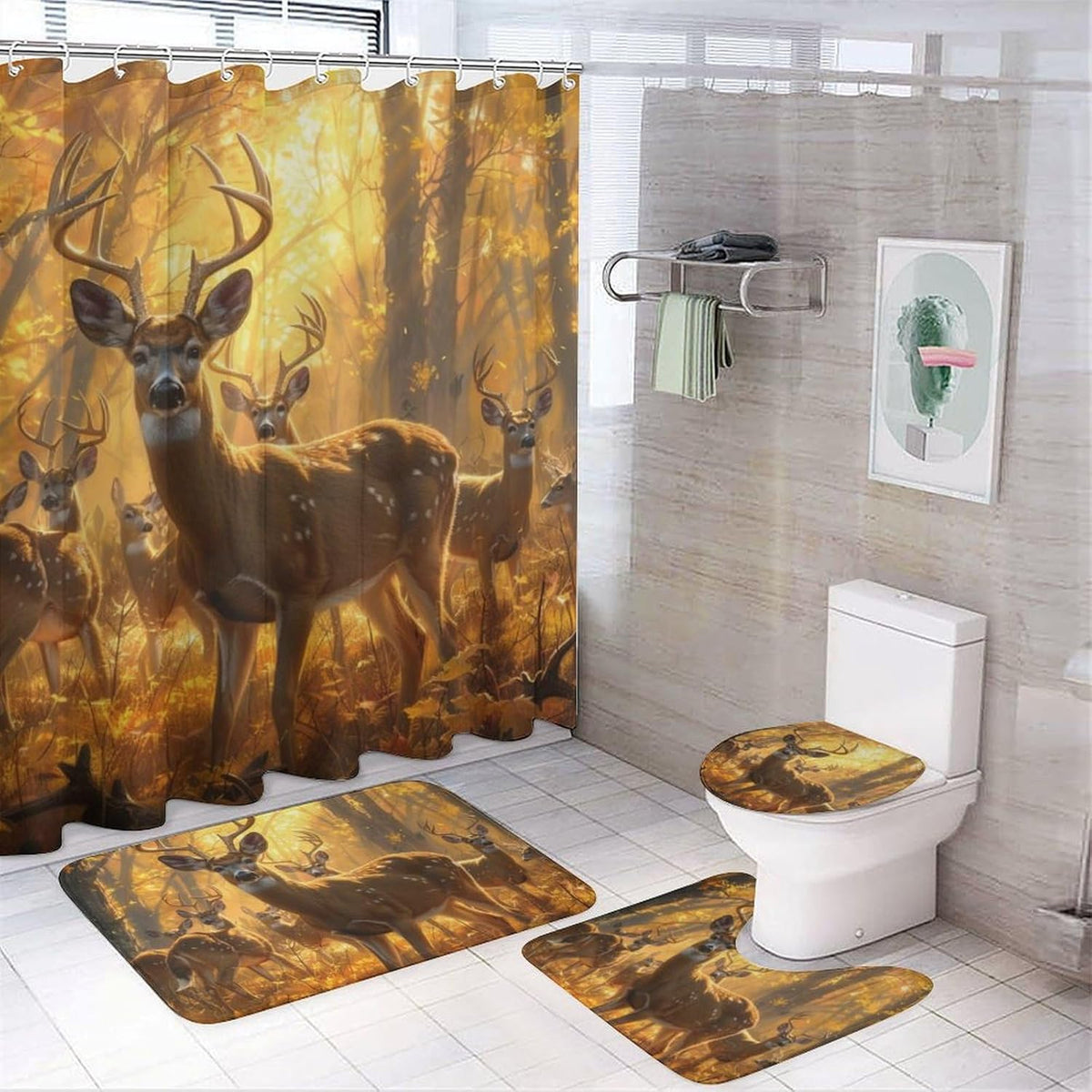4 Piece Watercolor Dragon Shower Curtain Set with Rugs, Majestic Animal Mountain Moon Include Bathroom Non-Slip Floor Mat, U-Shaped Bath Rug and Toilet Cover Lid with 12 Hooks