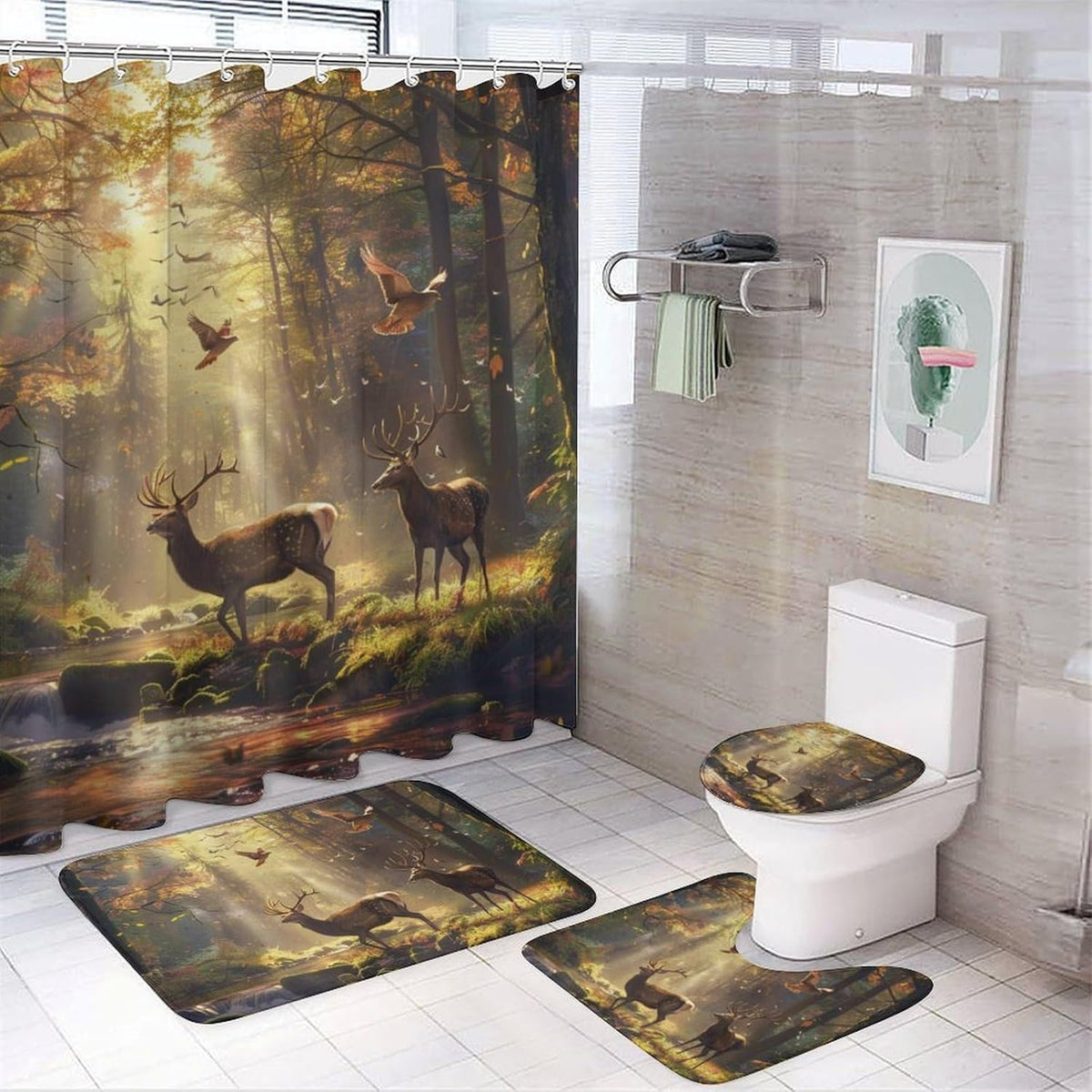4 Piece Watercolor Dragon Shower Curtain Set with Rugs, Majestic Animal Mountain Moon Include Bathroom Non-Slip Floor Mat, U-Shaped Bath Rug and Toilet Cover Lid with 12 Hooks