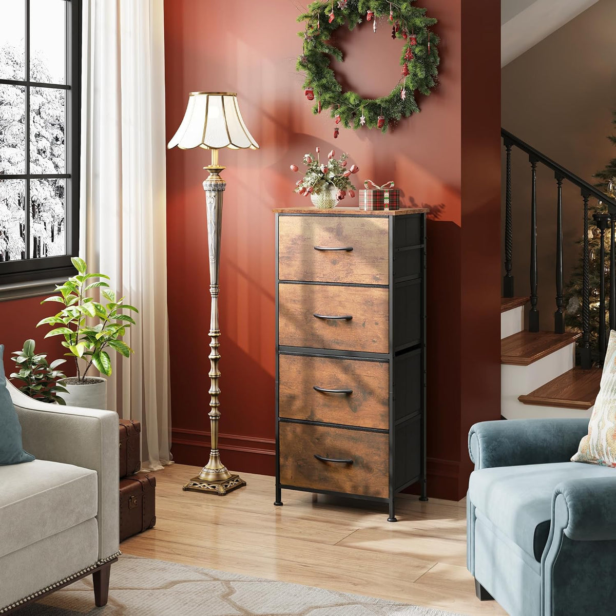 4 Drawer Dresser and 7 Drawer Dresser Set, Dresser for Bedroom, Closet, Hallway, Storage Dresser Organizer Unit, Dressers & Chests of Drawers with Fabric Bins, Rustic Brown Wood Grain Print
