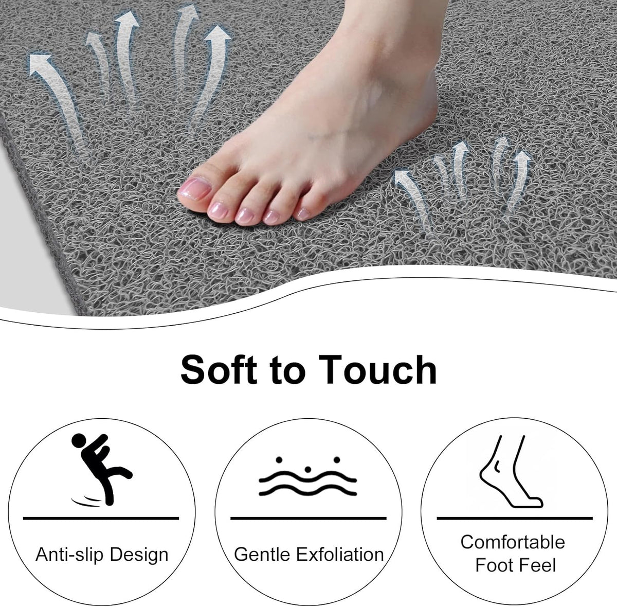 Shower Mat Non Slip, 47" X 32" Extra Large Soft Loofah Shower Mats for inside Shower with Center Drain Hole, anti Slip Shower Floor Mat for Elderly, Quick Drying, Grey