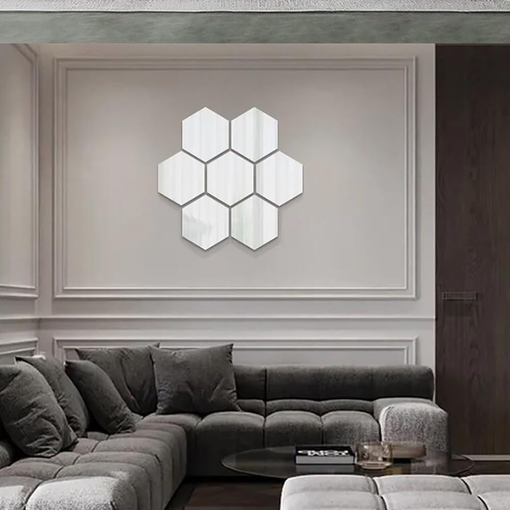 24Pcs Silver Hexagon Mirror Acrylic Wall Stickers with Adhesive Art Decal Satin Paper Baby Kids Bedroom Home DIY Decor Removable Stickers (Hexagon Silver)