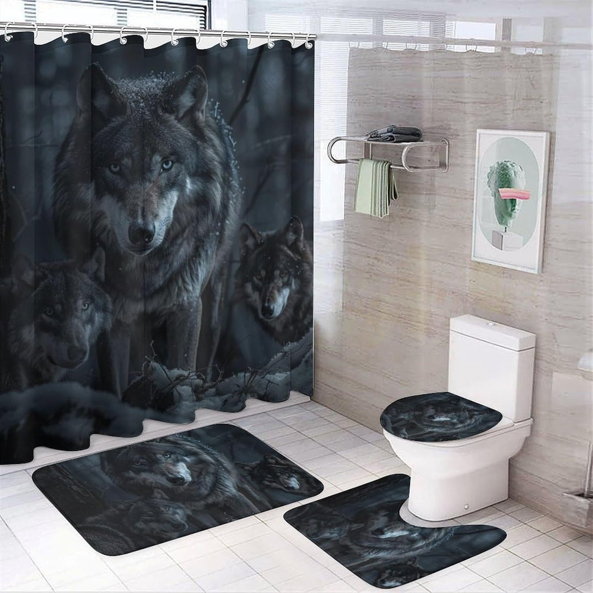 4 Piece Watercolor Dragon Shower Curtain Set with Rugs, Majestic Animal Mountain Moon Include Bathroom Non-Slip Floor Mat, U-Shaped Bath Rug and Toilet Cover Lid with 12 Hooks