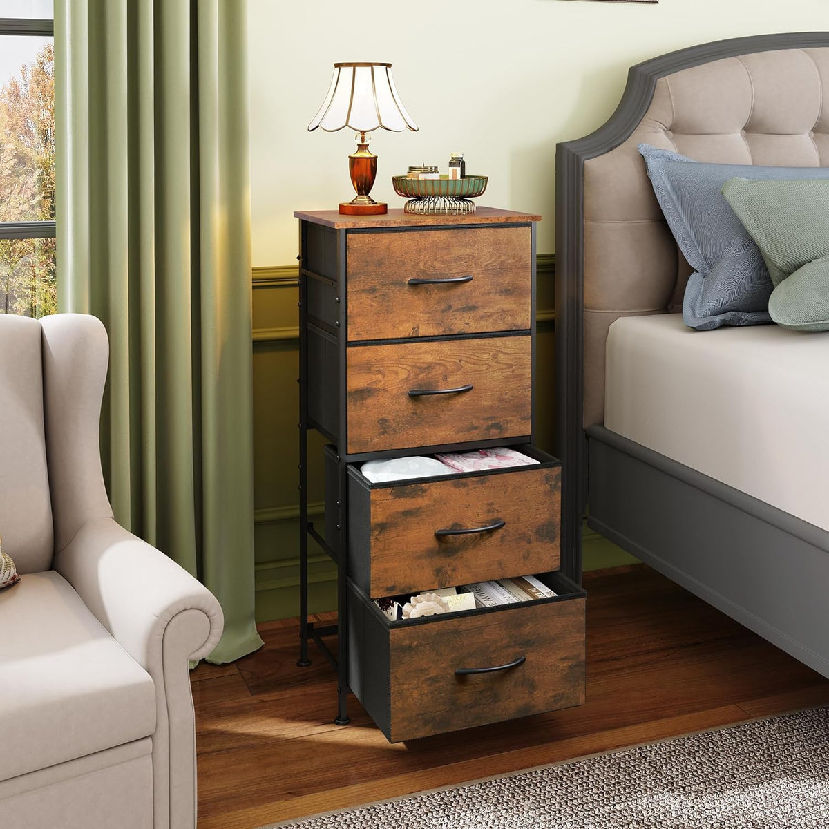4 Drawer Dresser and 7 Drawer Dresser Set, Dresser for Bedroom, Closet, Hallway, Storage Dresser Organizer Unit, Dressers & Chests of Drawers with Fabric Bins, Rustic Brown Wood Grain Print