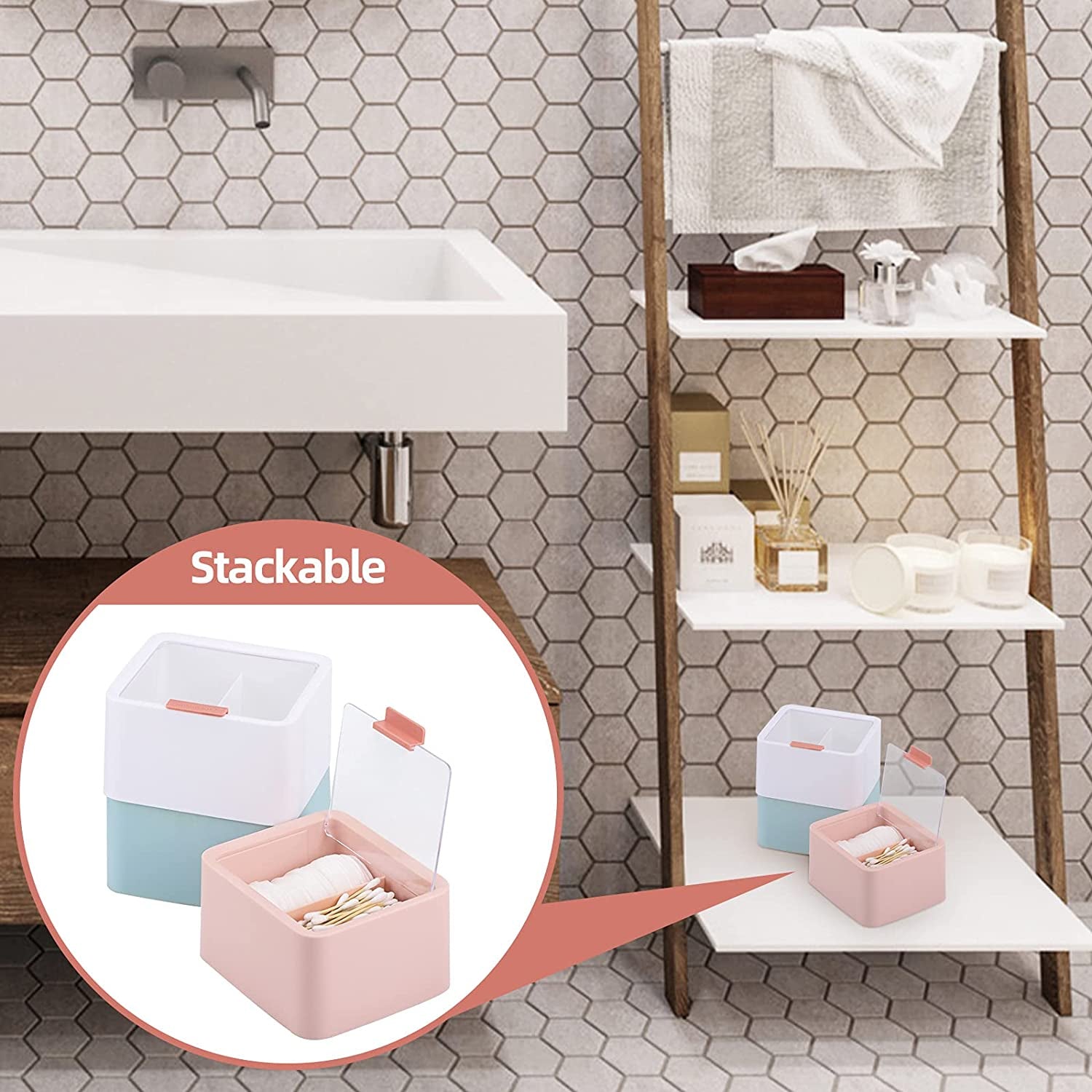 Storage Organizer - 2 Grids Separate  Canisters with Hinged Lids for Cotton Balls, Pads, and other items.