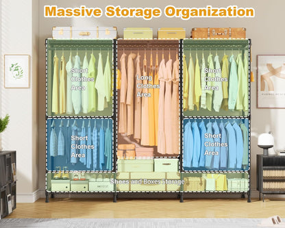 E14 Pro Heavy Duty Clothes Rack，Freestanding Clothing Racks for Hanging Clothes，Adjustable Closet Organizers and Storage，Metal Garment Rack with Shelves 69"W X16"D X77"H，Max Load 960Lbs，Black