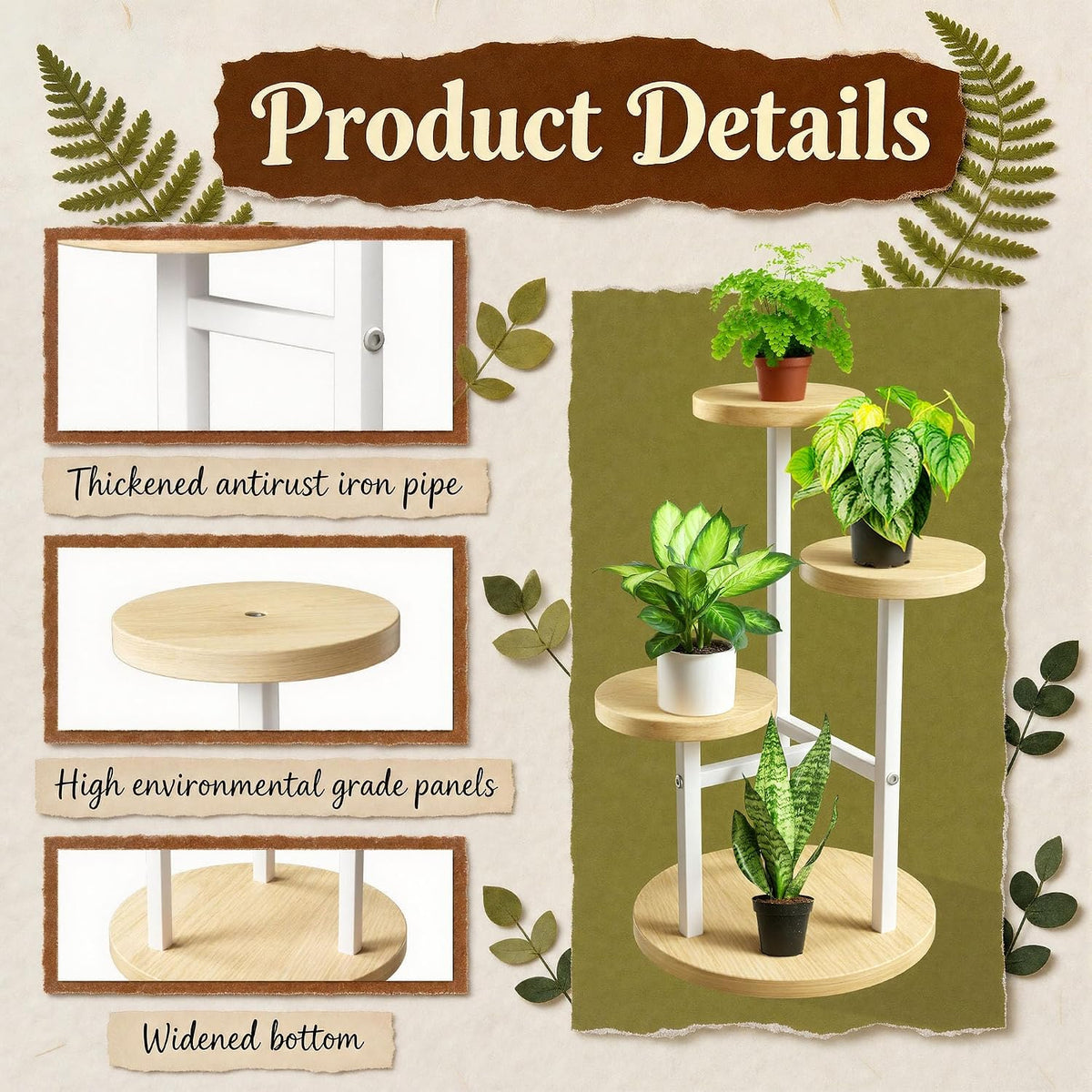 3-Tier Metal & Wood Plant Stand – Corner Shelf for Indoor Plants