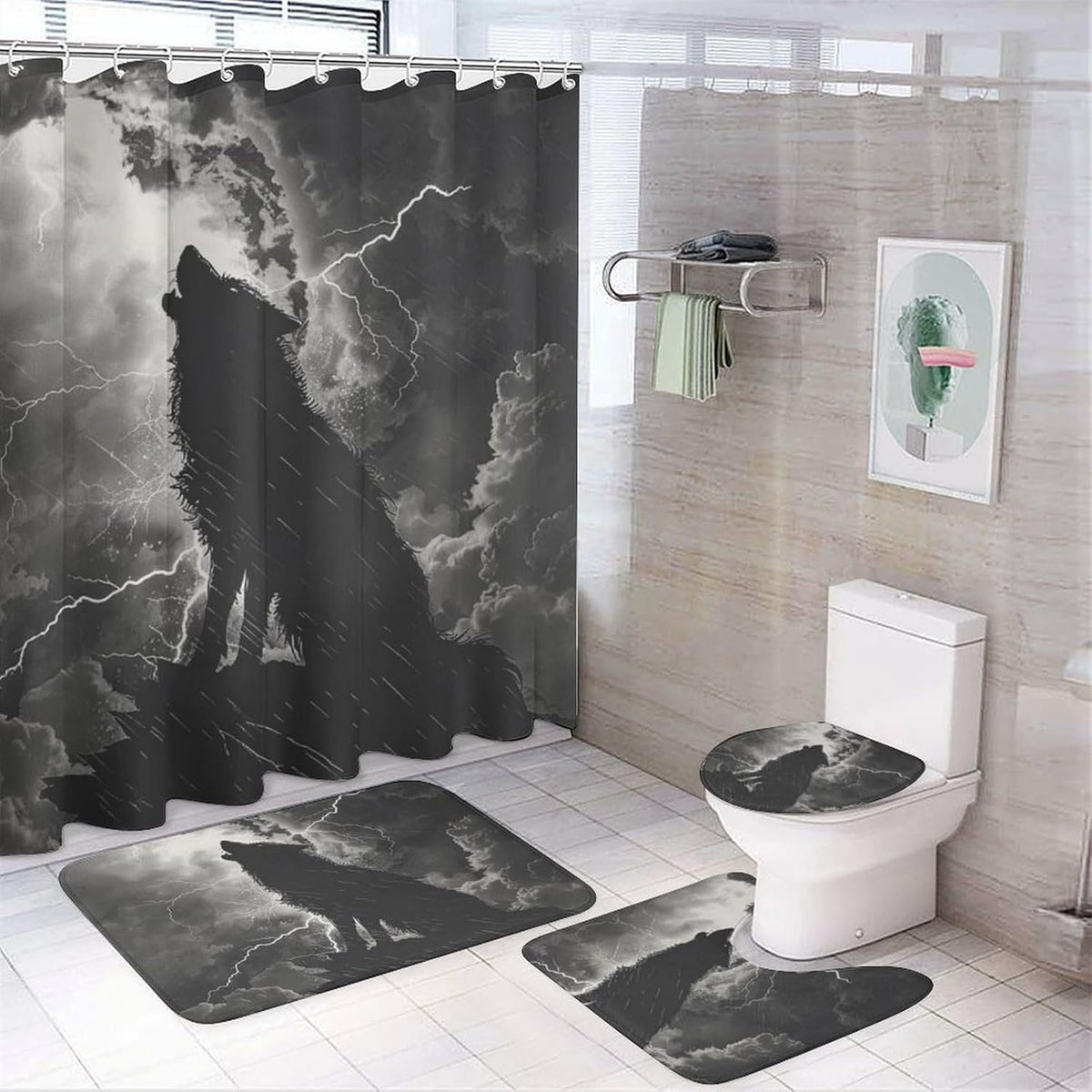 4 Piece Watercolor Dragon Shower Curtain Set with Rugs, Majestic Animal Mountain Moon Include Bathroom Non-Slip Floor Mat, U-Shaped Bath Rug and Toilet Cover Lid with 12 Hooks