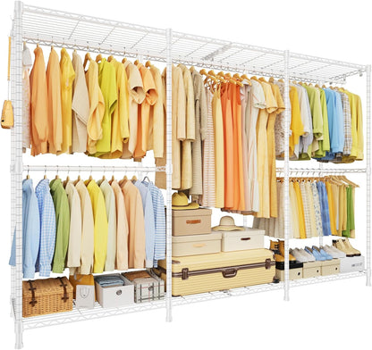 E14 Pro Heavy Duty Clothes Rack，Freestanding Clothing Racks for Hanging Clothes，Adjustable Closet Organizers and Storage，Metal Garment Rack with Shelves 69"W X16"D X77"H，Max Load 960Lbs，Black
