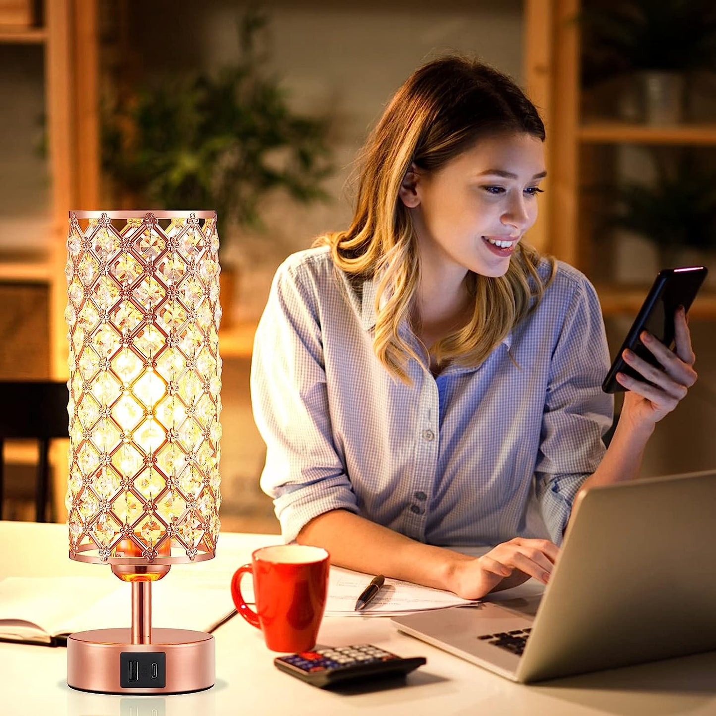 Crystal Table Lamp - 3-Way Dimmable Touch Control,  with USB Charging & AC Outlets