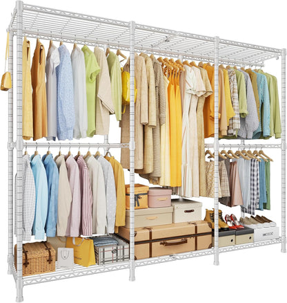E14 Pro Heavy Duty Clothes Rack，Freestanding Clothing Racks for Hanging Clothes，Adjustable Closet Organizers and Storage，Metal Garment Rack with Shelves 69"W X16"D X77"H，Max Load 960Lbs，Black