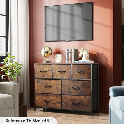 4 Drawer Dresser and 7 Drawer Dresser Set, Dresser for Bedroom, Closet, Hallway, Storage Dresser Organizer Unit, Dressers & Chests of Drawers with Fabric Bins, Rustic Brown Wood Grain Print
