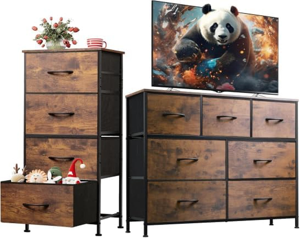 4 Drawer Dresser and 7 Drawer Dresser Set, Dresser for Bedroom, Closet, Hallway, Storage Dresser Organizer Unit, Dressers & Chests of Drawers with Fabric Bins, Rustic Brown Wood Grain Print