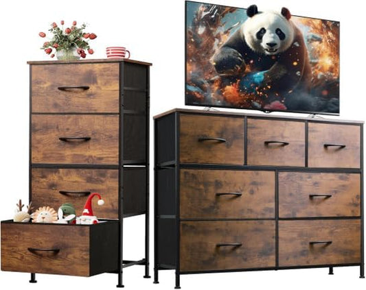4 Drawer Dresser and 7 Drawer Dresser Set, Dresser for Bedroom, Closet, Hallway, Storage Dresser Organizer Unit, Dressers & Chests of Drawers with Fabric Bins, Rustic Brown Wood Grain Print