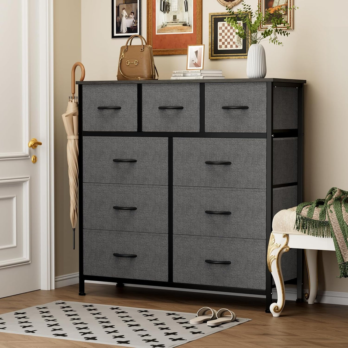 9 Drawers Storage Organizers Units, Closet Organizers and Storage for Clothes, Fabric Storage Drawer for Living Room, Chest of Dresser in 39.4" D X 11.8" W X 39.9" H, Grey