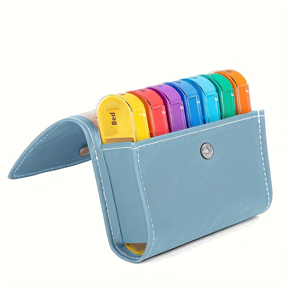 Weekly Pill Organizer Box Case Travel Medication Reminder Daily AM PM, Day Night 7 Compartments in Leather Carrying Case