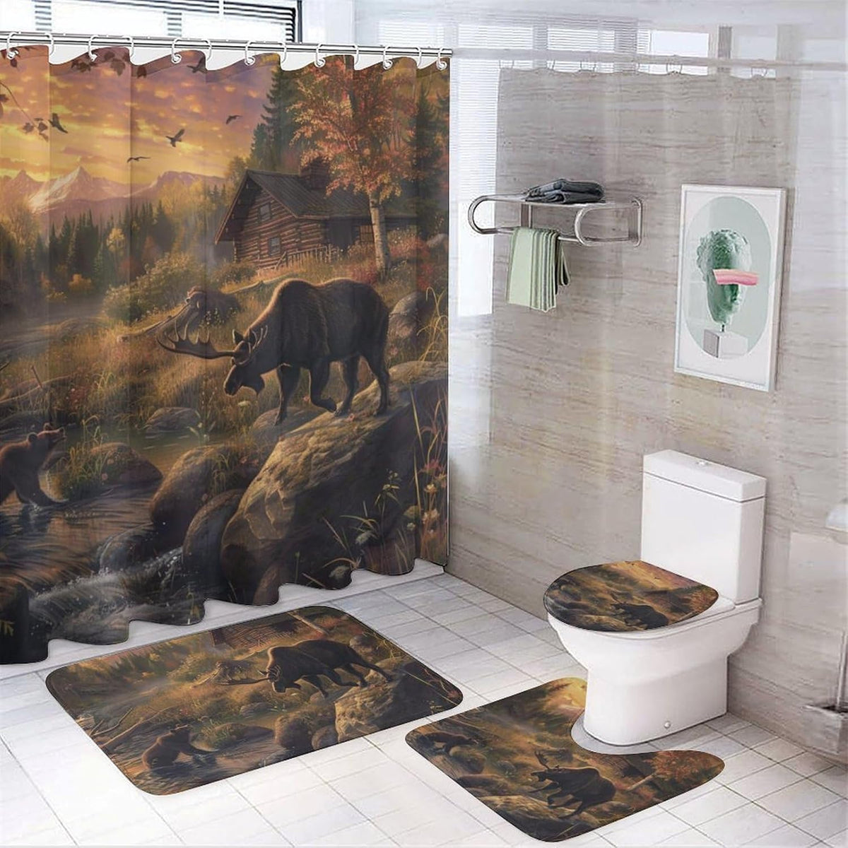 4 Piece Watercolor Dragon Shower Curtain Set with Rugs, Majestic Animal Mountain Moon Include Bathroom Non-Slip Floor Mat, U-Shaped Bath Rug and Toilet Cover Lid with 12 Hooks