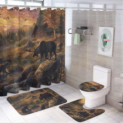 4 Piece Watercolor Dragon Shower Curtain Set with Rugs, Majestic Animal Mountain Moon Include Bathroom Non-Slip Floor Mat, U-Shaped Bath Rug and Toilet Cover Lid with 12 Hooks