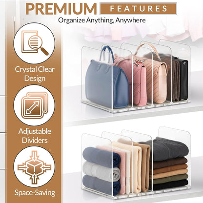 Adjustable Bag & Purse Organizer for Closet | Clear Shelf Dividers for Closet Organization, Vertical Handbag Separator for Sweater, Shirts & Clutches, Perfect for Bedroom, Living Room, Home