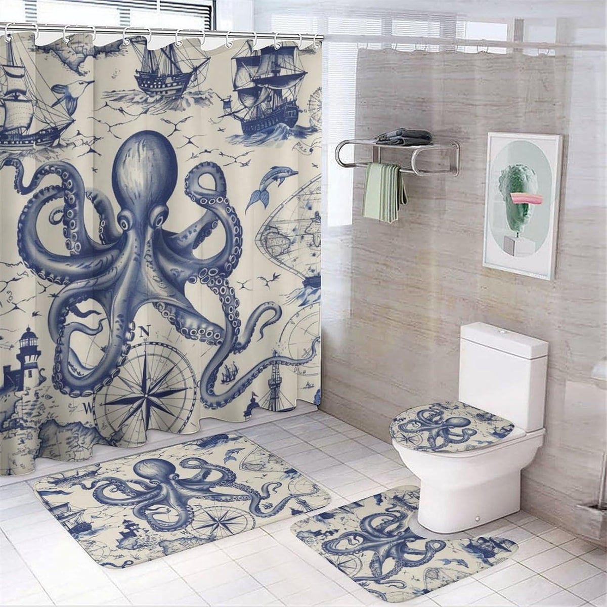4 Piece Watercolor Dragon Shower Curtain Set with Rugs, Majestic Animal Mountain Moon Include Bathroom Non-Slip Floor Mat, U-Shaped Bath Rug and Toilet Cover Lid with 12 Hooks