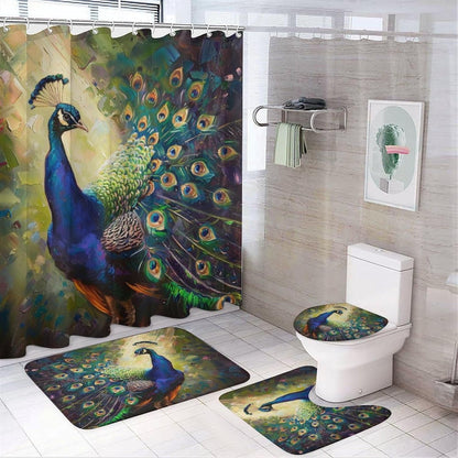 4 Piece Watercolor Dragon Shower Curtain Set with Rugs, Majestic Animal Mountain Moon Include Bathroom Non-Slip Floor Mat, U-Shaped Bath Rug and Toilet Cover Lid with 12 Hooks