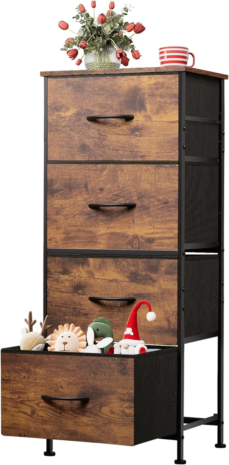 4 Drawer Dresser and 7 Drawer Dresser Set, Dresser for Bedroom, Closet, Hallway, Storage Dresser Organizer Unit, Dressers & Chests of Drawers with Fabric Bins, Rustic Brown Wood Grain Print