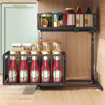 Pull Out Cabinet Organizer, 2 Tier under Sink Organizer, Slide Out Metal Kitchen Drawer Shelf, Storage Shelves for Home Laundry Room RV Pantry Spice Black
