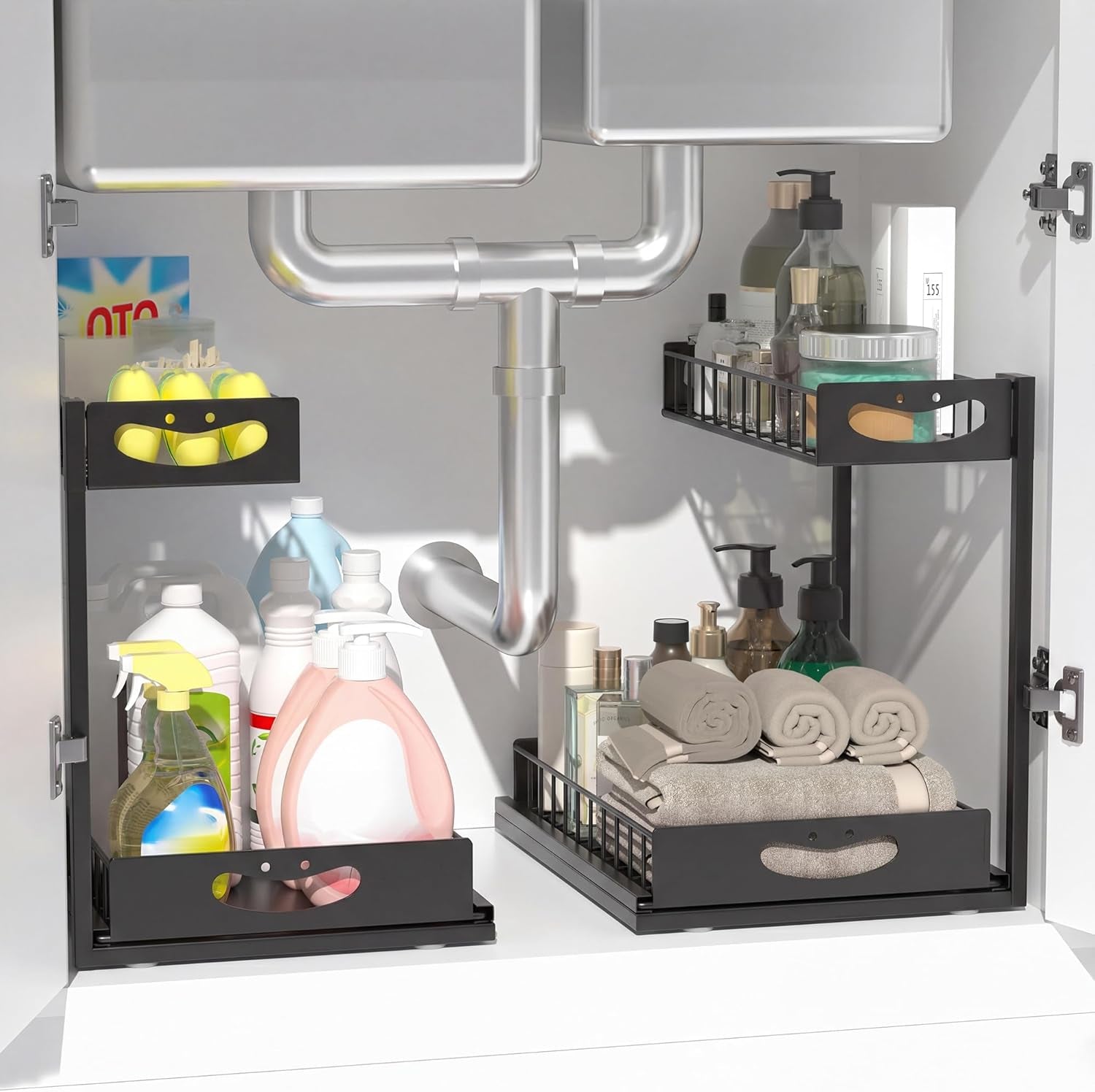 Under Sink Organizer with Pull-Out Drawers,Kitchen Sink Organizer,2 Tier Bathroom Organizers and Storage,Bathroom Accessories Set,White 2 Pack