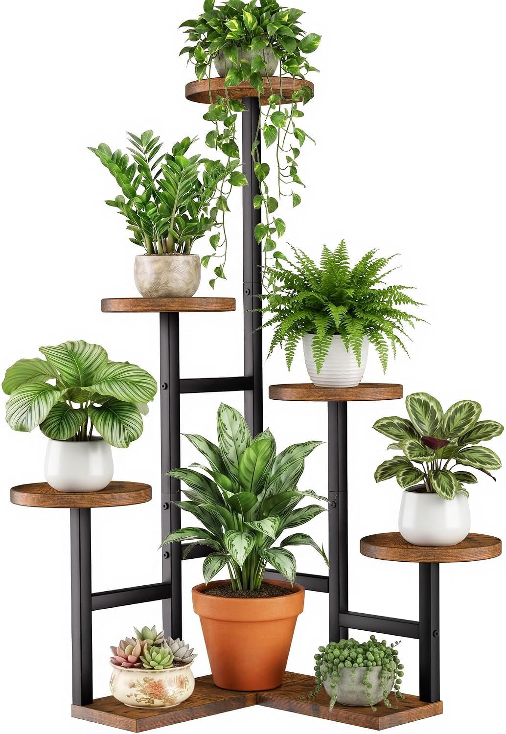 3-Tier Metal & Wood Plant Stand – Corner Shelf for Indoor Plants