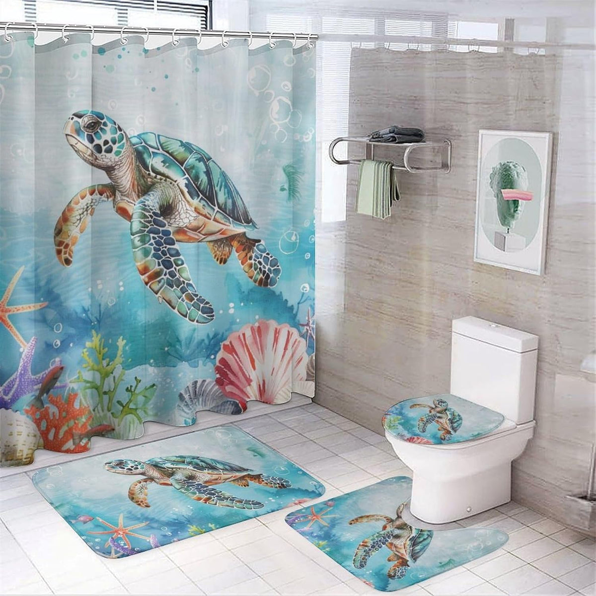 4 Piece Watercolor Dragon Shower Curtain Set with Rugs, Majestic Animal Mountain Moon Include Bathroom Non-Slip Floor Mat, U-Shaped Bath Rug and Toilet Cover Lid with 12 Hooks