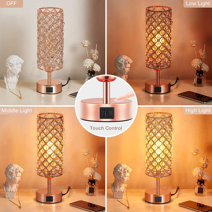 Crystal Table Lamp - 3-Way Dimmable Touch Control,  with USB Charging & AC Outlets