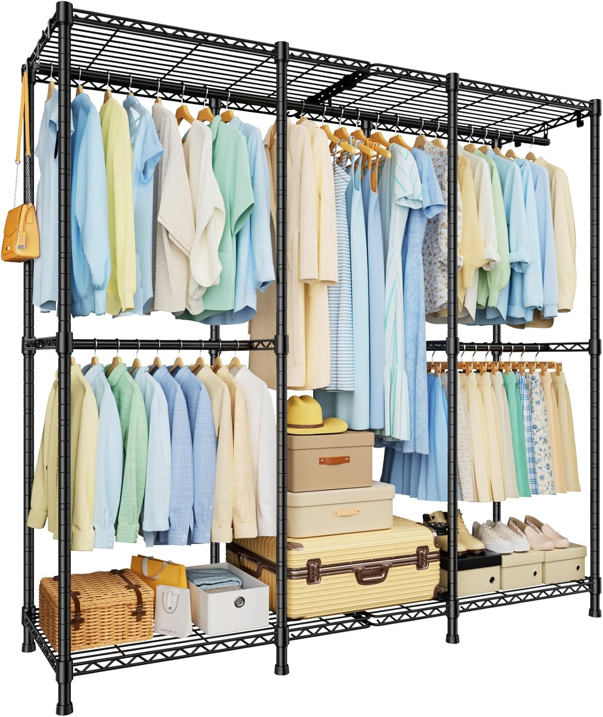 E14 Pro Heavy Duty Clothes Rack，Freestanding Clothing Racks for Hanging Clothes，Adjustable Closet Organizers and Storage，Metal Garment Rack with Shelves 69"W X16"D X77"H，Max Load 960Lbs，Black