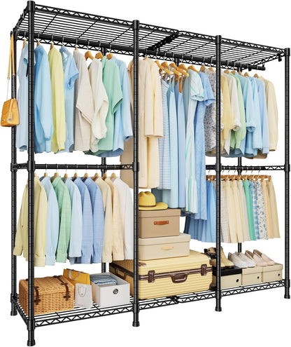 E14 Pro Heavy Duty Clothes Rack，Freestanding Clothing Racks for Hanging Clothes，Adjustable Closet Organizers and Storage，Metal Garment Rack with Shelves 69"W X16"D X77"H，Max Load 960Lbs，Black