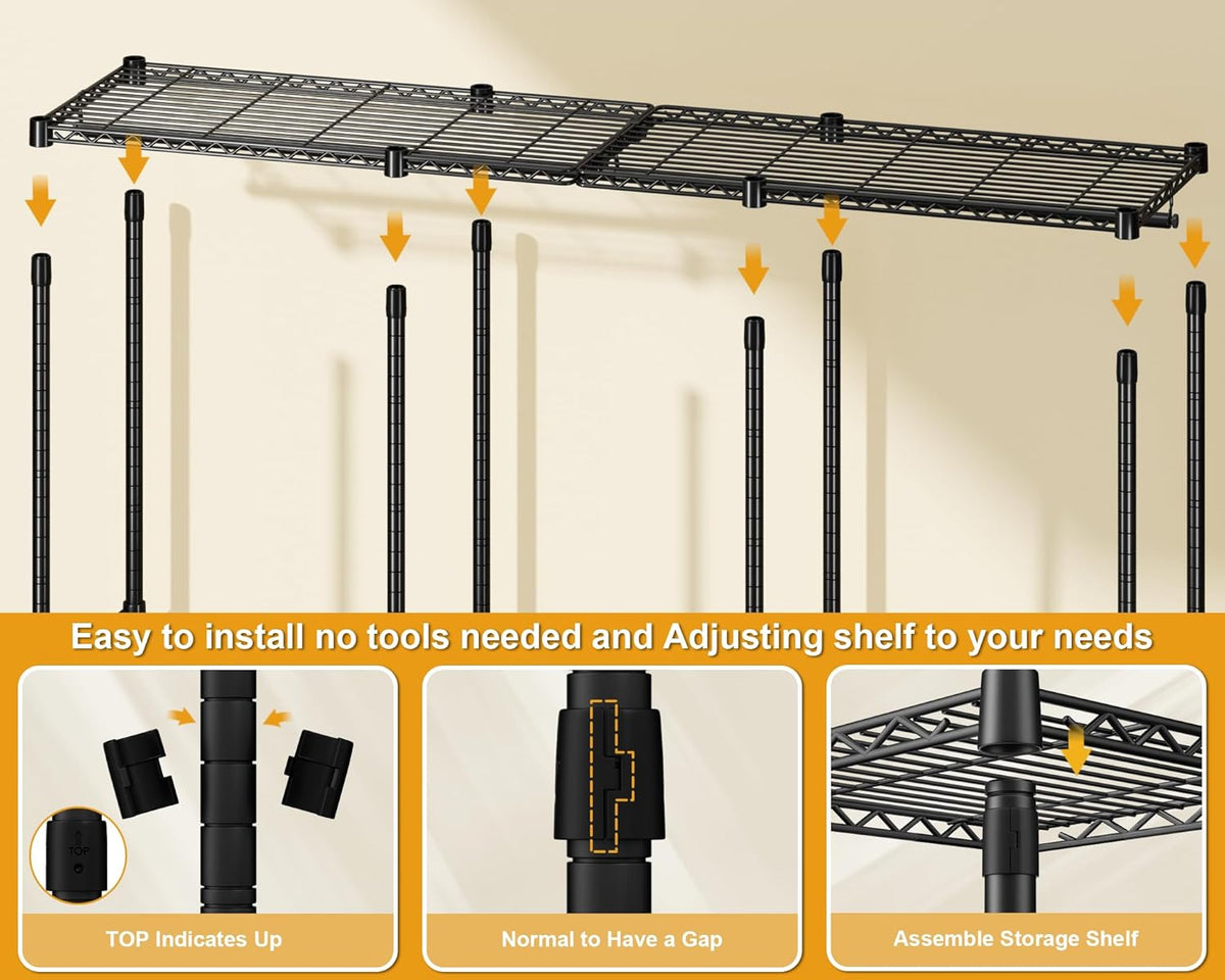 E14 Pro Heavy Duty Clothes Rack，Freestanding Clothing Racks for Hanging Clothes，Adjustable Closet Organizers and Storage，Metal Garment Rack with Shelves 69"W X16"D X77"H，Max Load 960Lbs，Black